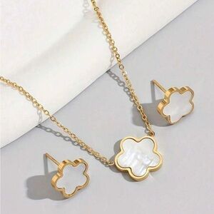 Gold Plated Stainless Steel Flower Necklace Matching Earring Set
